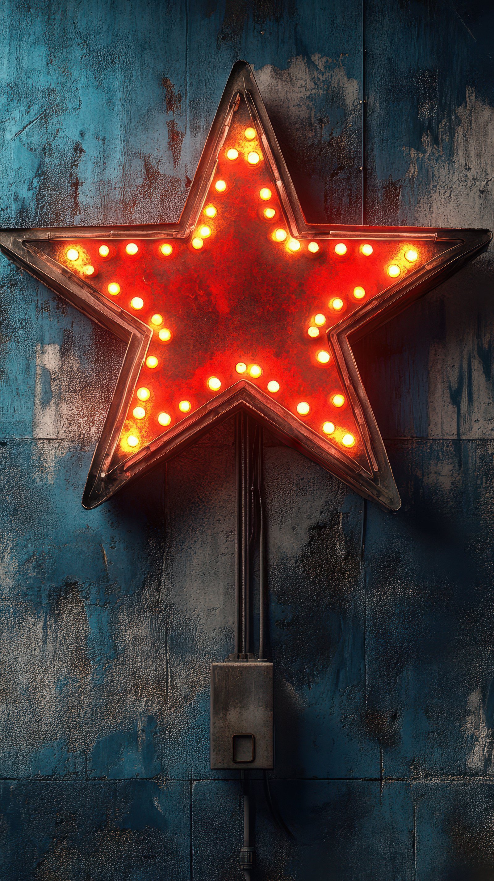 Bright red star marquee light illuminating a rustic blue wall in an urban setting at night